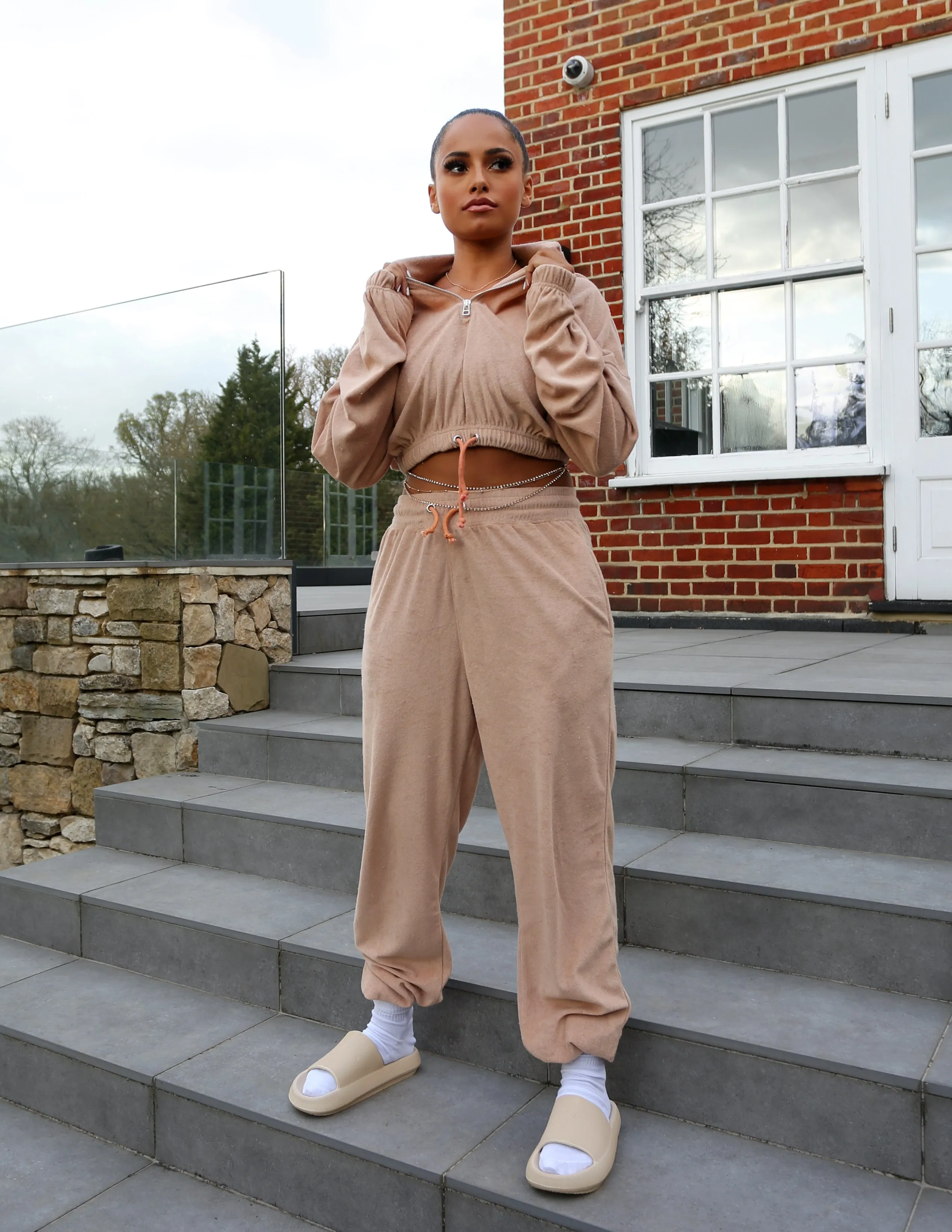 Amber x Public Desire super soft towelling zip detail crop sweatshirt co-ord beige