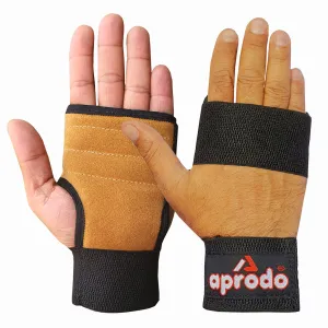 Aprodo Leather Hand Grips for Weight Lifting Workout Gloves with Built-in Wrist Support for Men and Women - Great for Gym Fitness, Cross Training, Hand Support & Weightlifting. Free Size, (TAN)