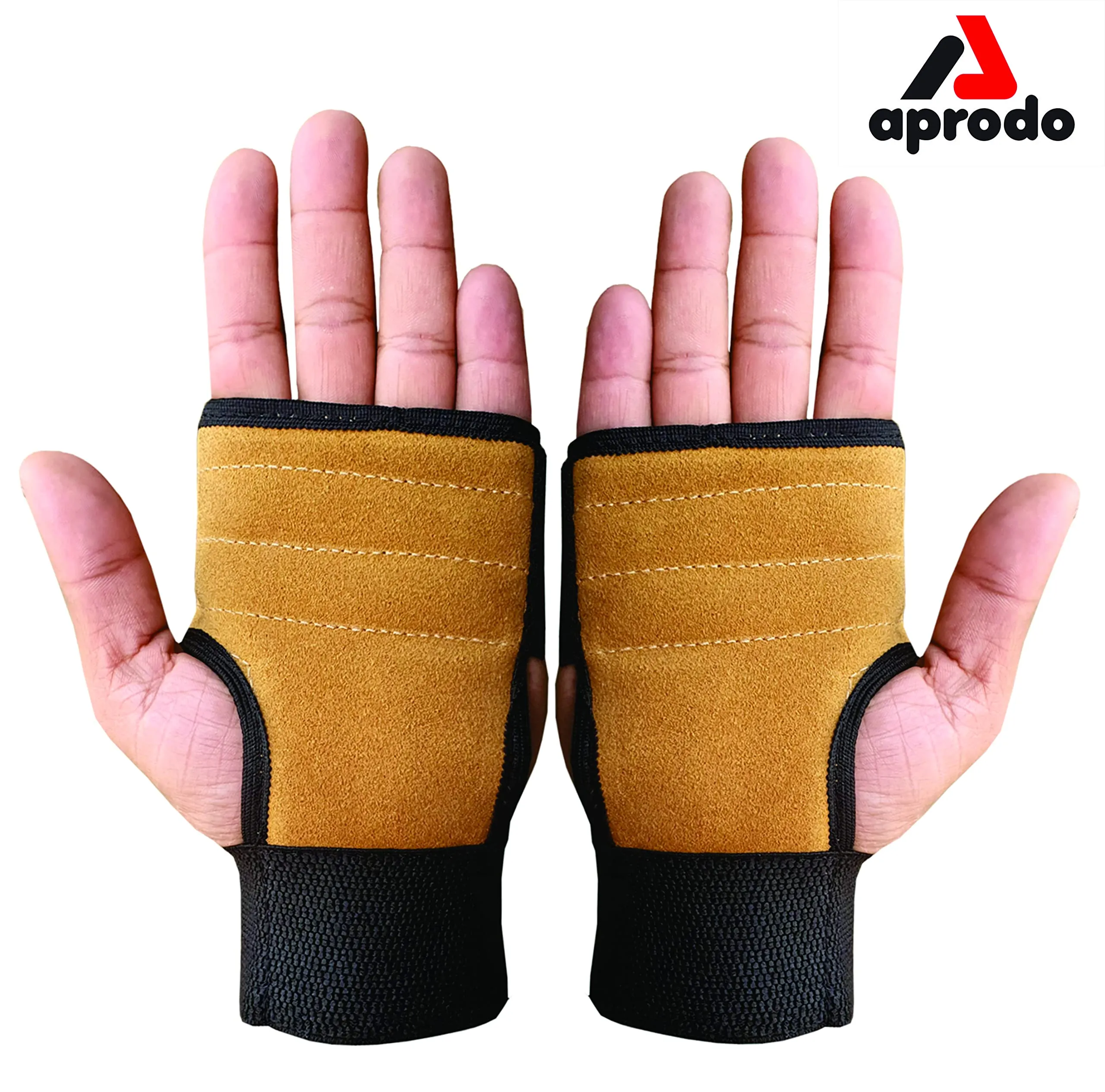 Aprodo Leather Hand Grips for Weight Lifting Workout Gloves with Built-in Wrist Support for Men and Women - Great for Gym Fitness, Cross Training, Hand Support & Weightlifting. Free Size, (TAN)