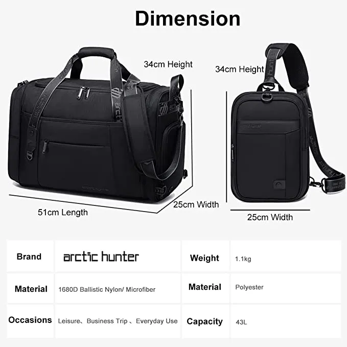 Arctic Hunter Mens Travel Duffle Bag Gym Bags for Men 43L (AH-LX00021 Duffle Bag-Black)