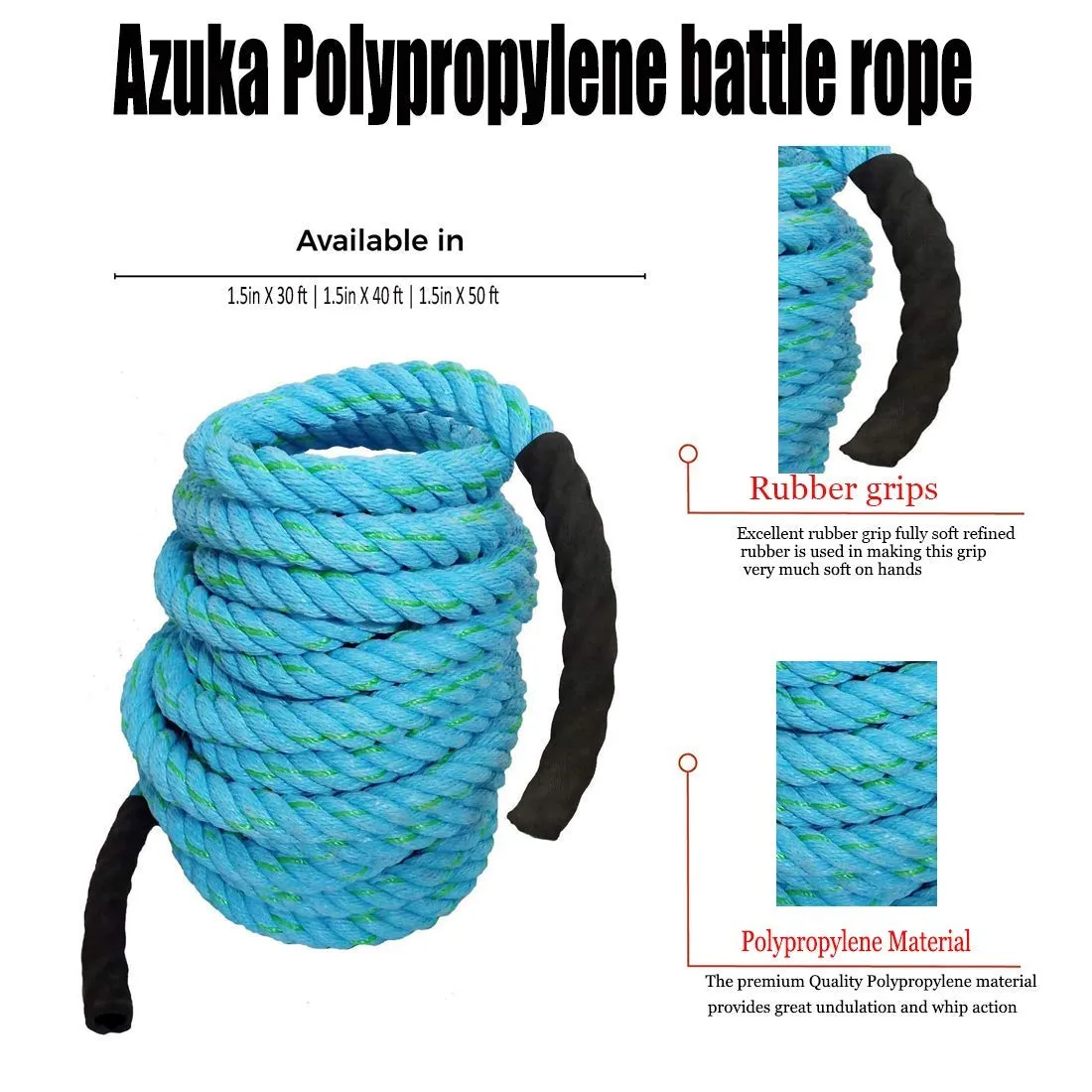 AZUKA® Ultimate Fitness Strength Training Battle Rope 1.5 inch 40ft (Ocean Blue),Weight-7.9kg