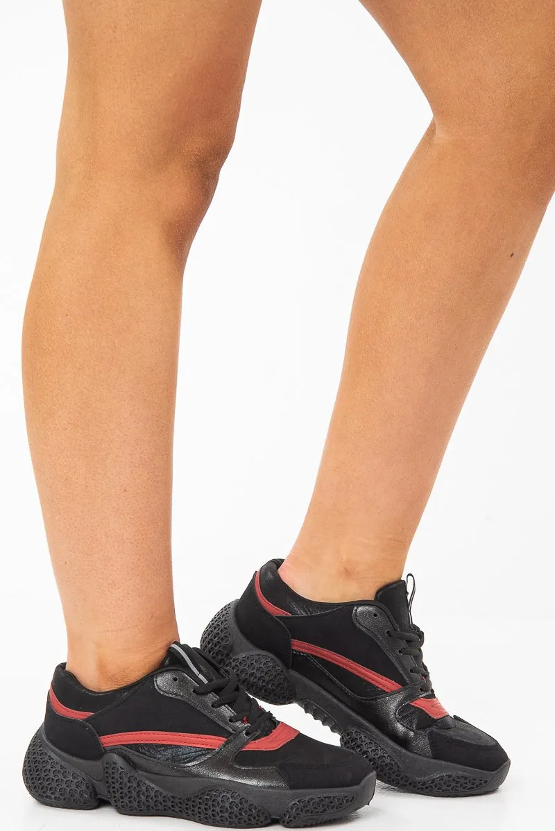 Black and Red Shimmer Effect Chunky Sole Trainers - Frances