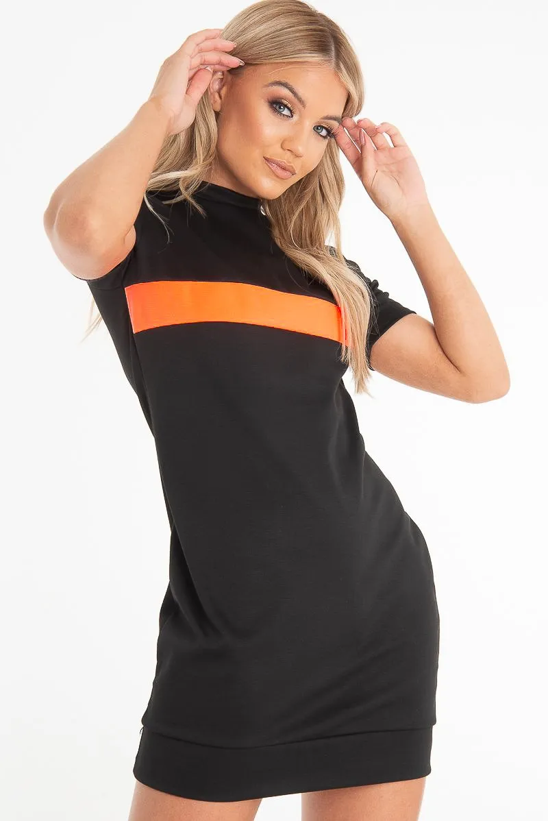 Black Neon Orange Stripe Detail T-Shirt Dress - Crystal