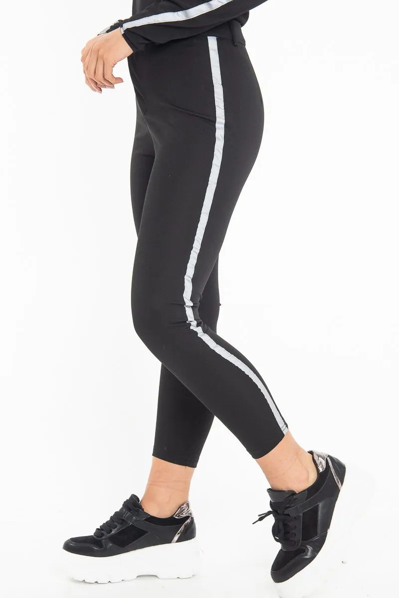 Black Reflective Stripe Side Cigarette Trousers - Nicky