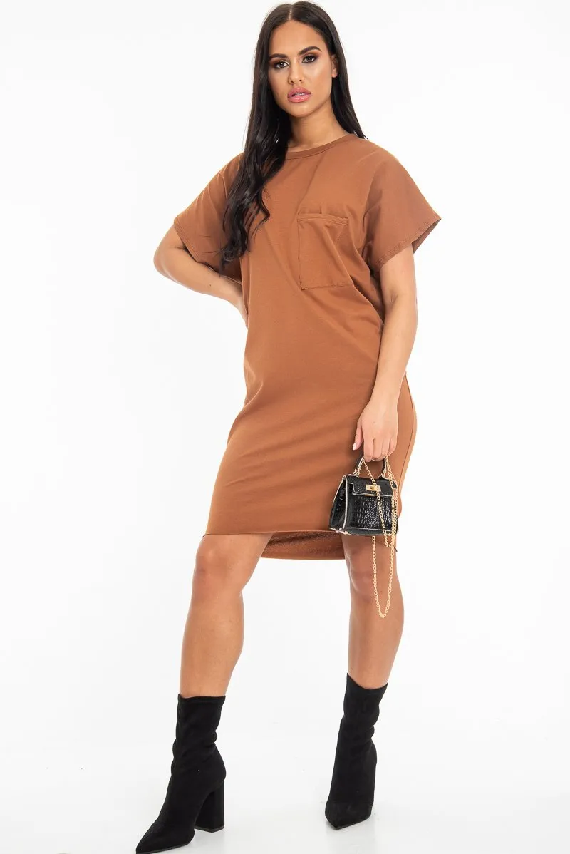 Brown Oversized Pocket Front Midi T-Shirt Dress - Whitney