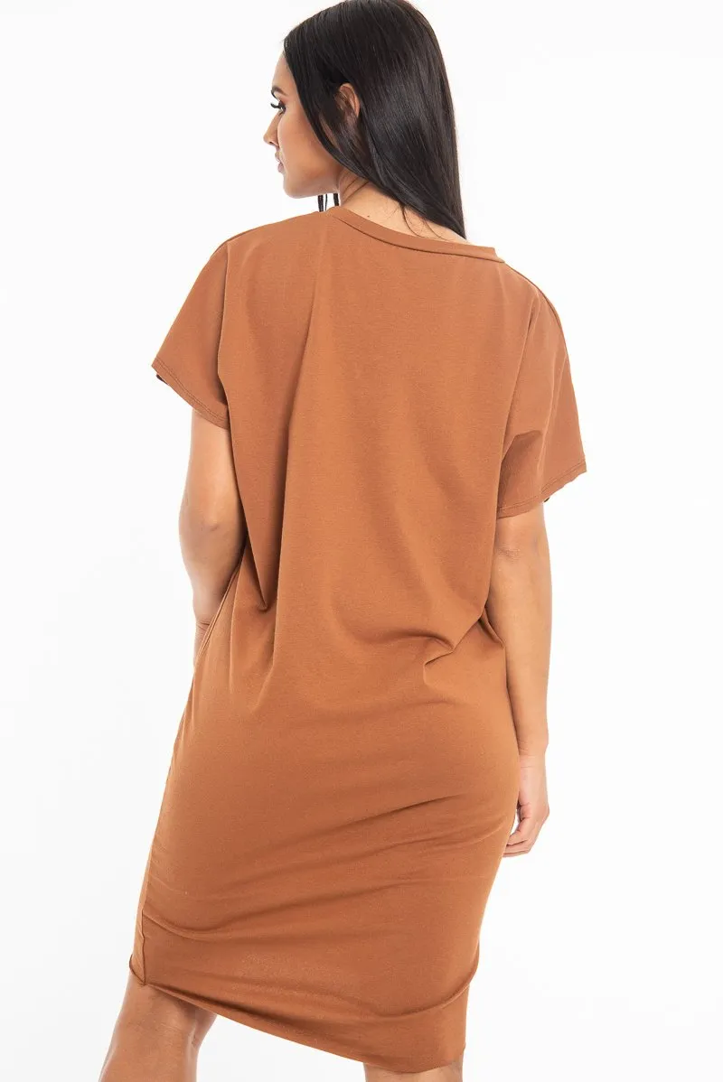 Brown Oversized Pocket Front Midi T-Shirt Dress - Whitney