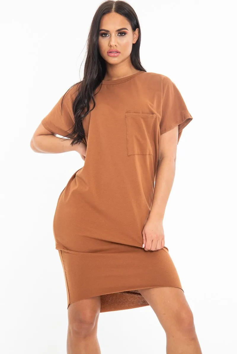 Brown Oversized Pocket Front Midi T-Shirt Dress - Whitney