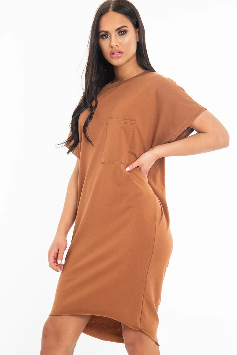 Brown Oversized Pocket Front Midi T-Shirt Dress - Whitney