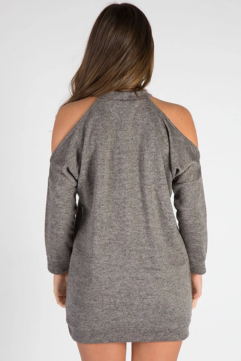 Charcoal Soft Cold Shoulder Jumper Dress - Tina