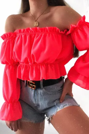 Coral Ruffle Bardot Crop Top - Aagna