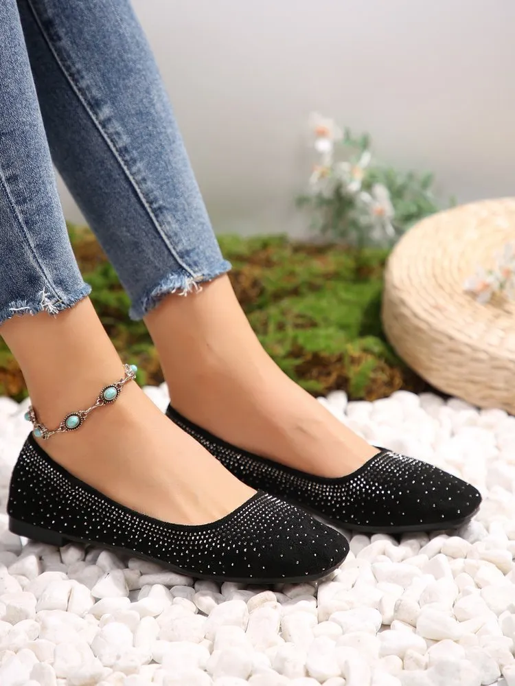 elveswallet Diamond-studded black matte round-toe flat shoes