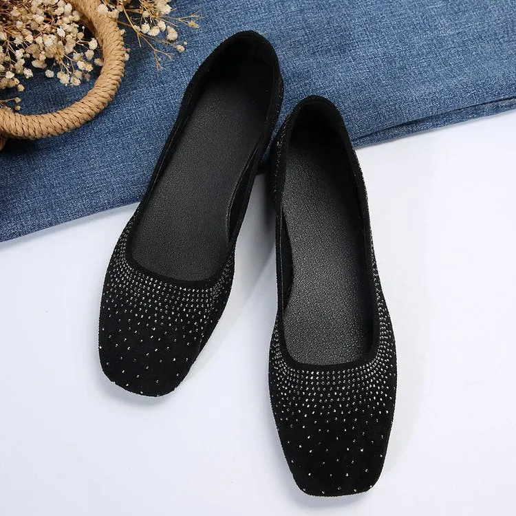 elveswallet Diamond-studded black matte round-toe flat shoes