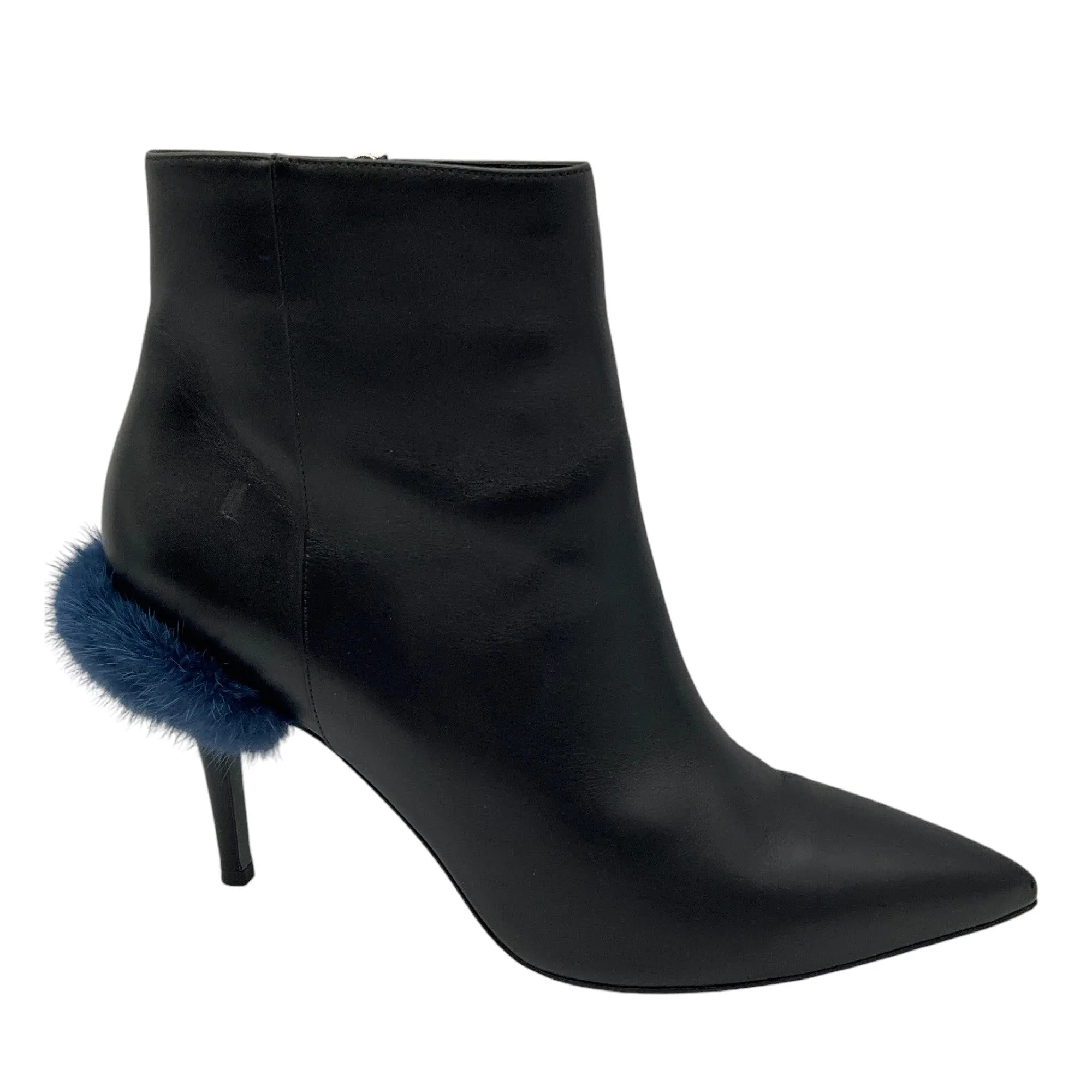 Fendi Black / Blue Fur Trimmed Heeled Leather Boots