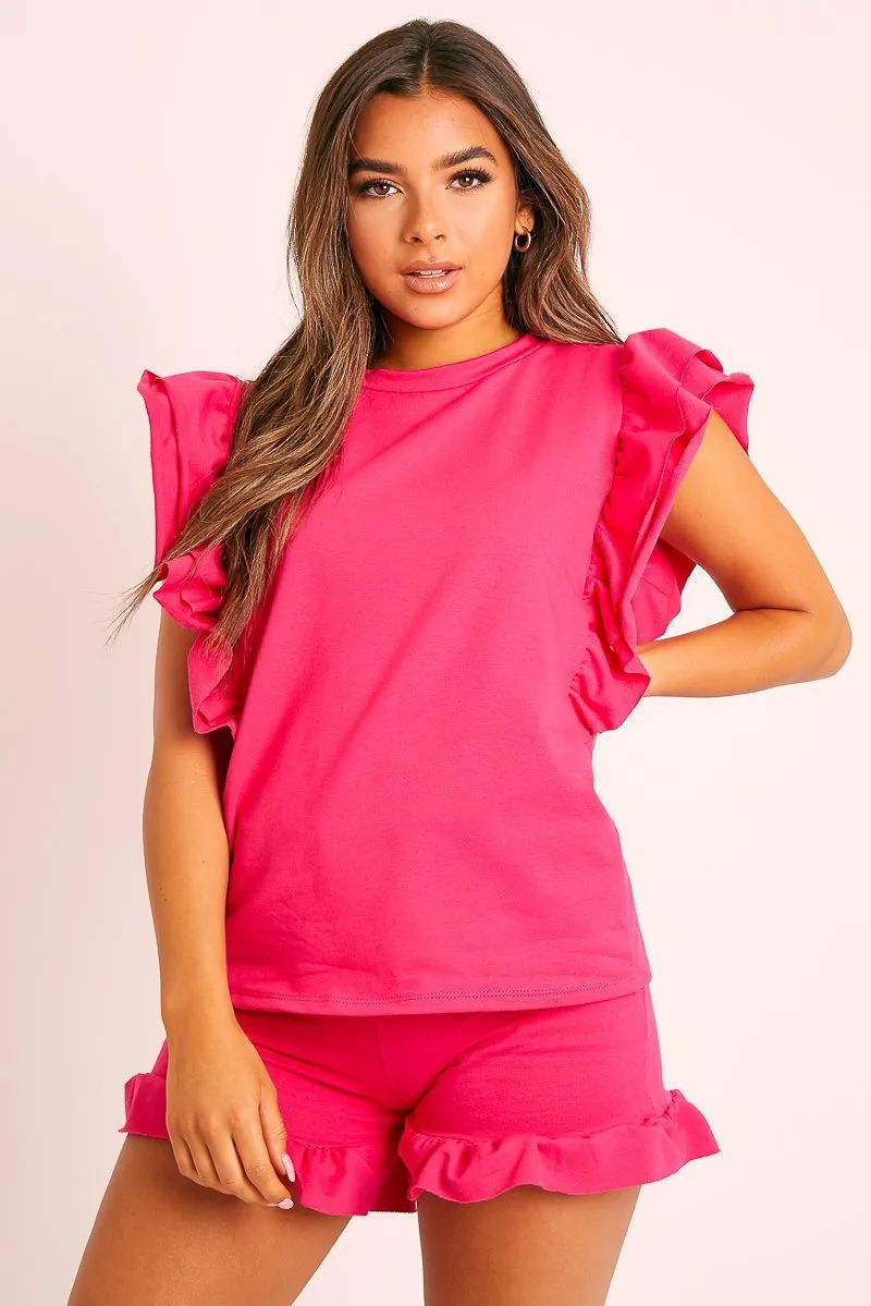 Fuchsia Frill Hem T-shirt Short Loungewear Co-ord - Daleiza