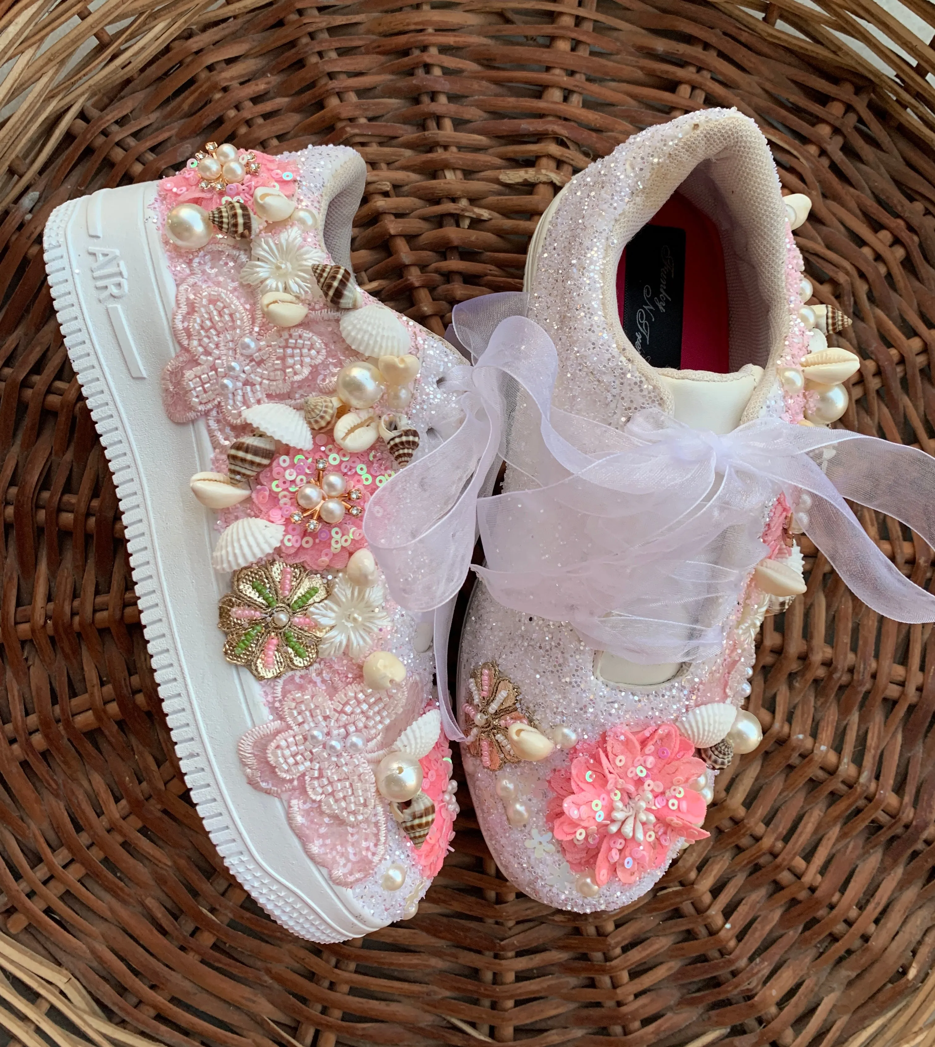 FUNKY N TRENDY pink/white floral butterfly theme sneakers with shells pearls detailing for brides / bridesmaids / bridal sneakers / bridesmaid sneakers / bridal shoes/ pink shoes / pink sneakers