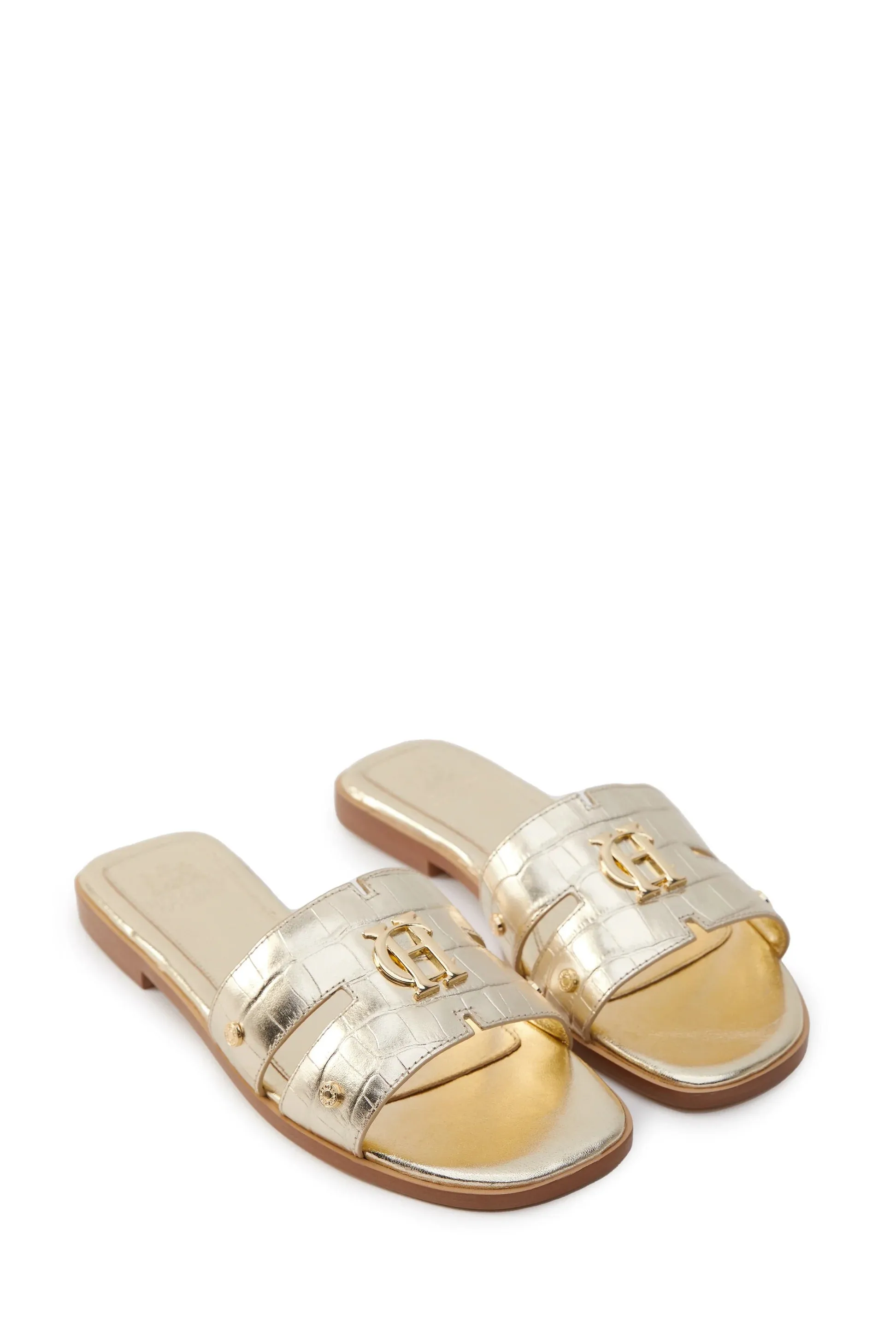 Holland Cooper Monogram Ladies Slide in Gold Croc