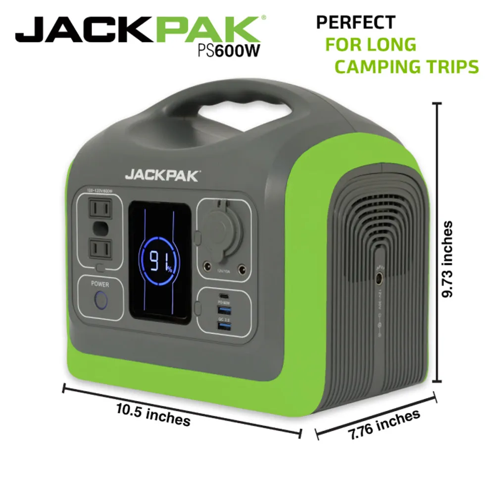 JackPak PS600W Water-Resistant, AC Output Port, Power Bank, LED Lamp,USB-C PD 60W Port, USB-A 3.0 Port,DC12V521 Output Port