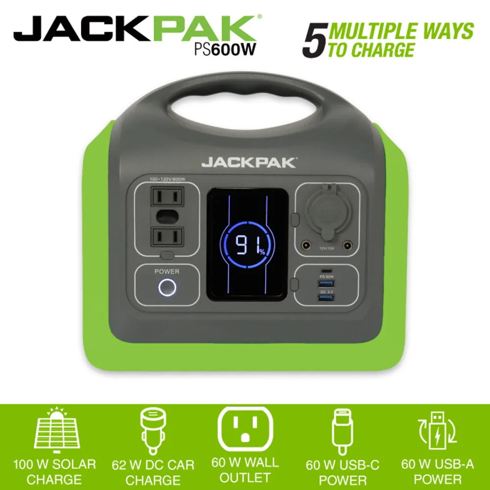 JackPak PS600W Water-Resistant, AC Output Port, Power Bank, LED Lamp,USB-C PD 60W Port, USB-A 3.0 Port,DC12V521 Output Port