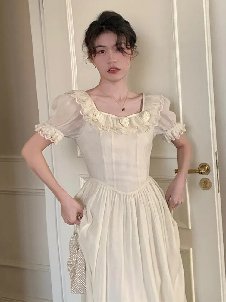 Joskaa Rose Flower Elegant Vintage Dress Women Ruffles Lace Fairy Sweet Long Dress Female Bubble Sleeve Princess Designer Dress 2024