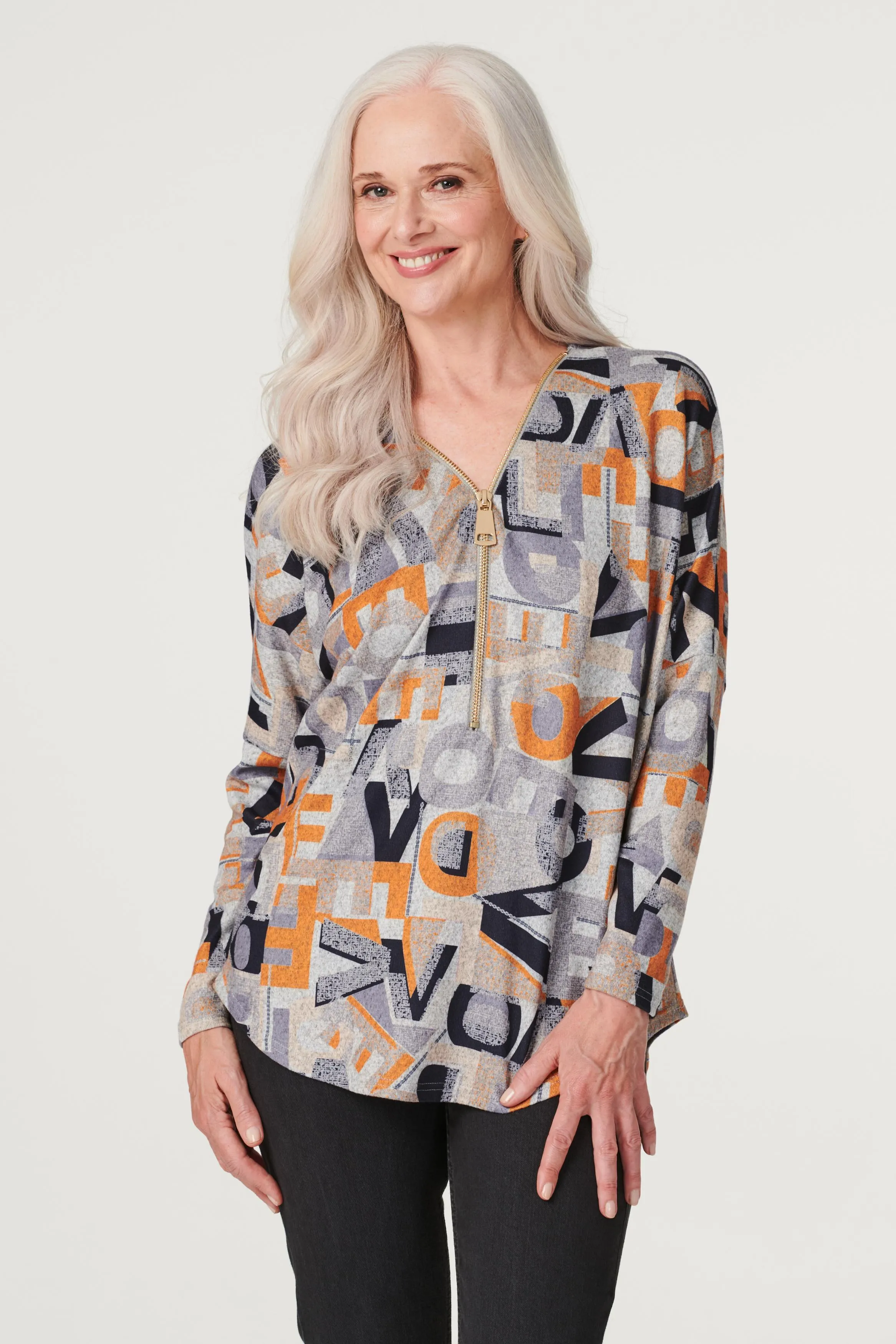 Letter Print Zip Front Top