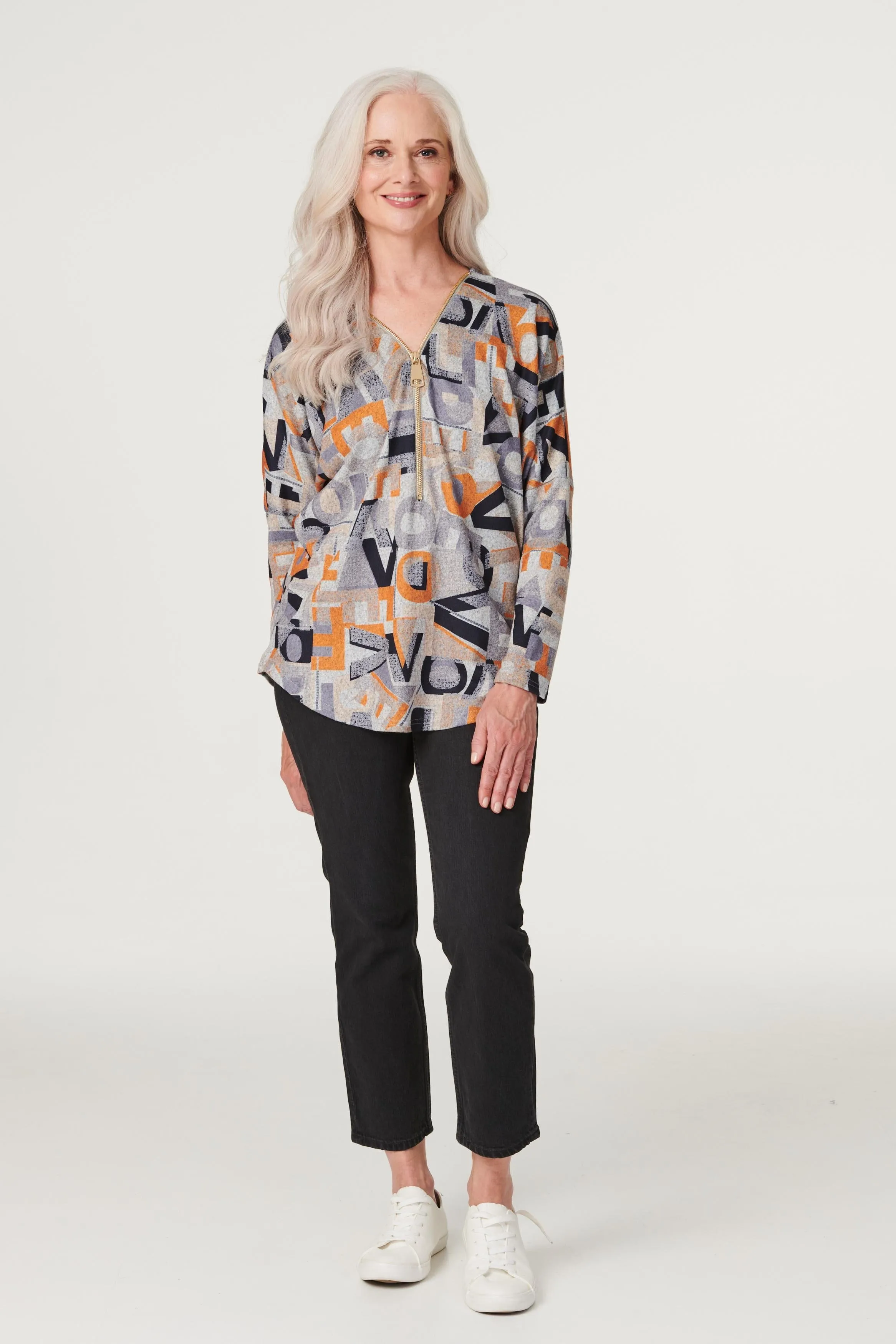 Letter Print Zip Front Top