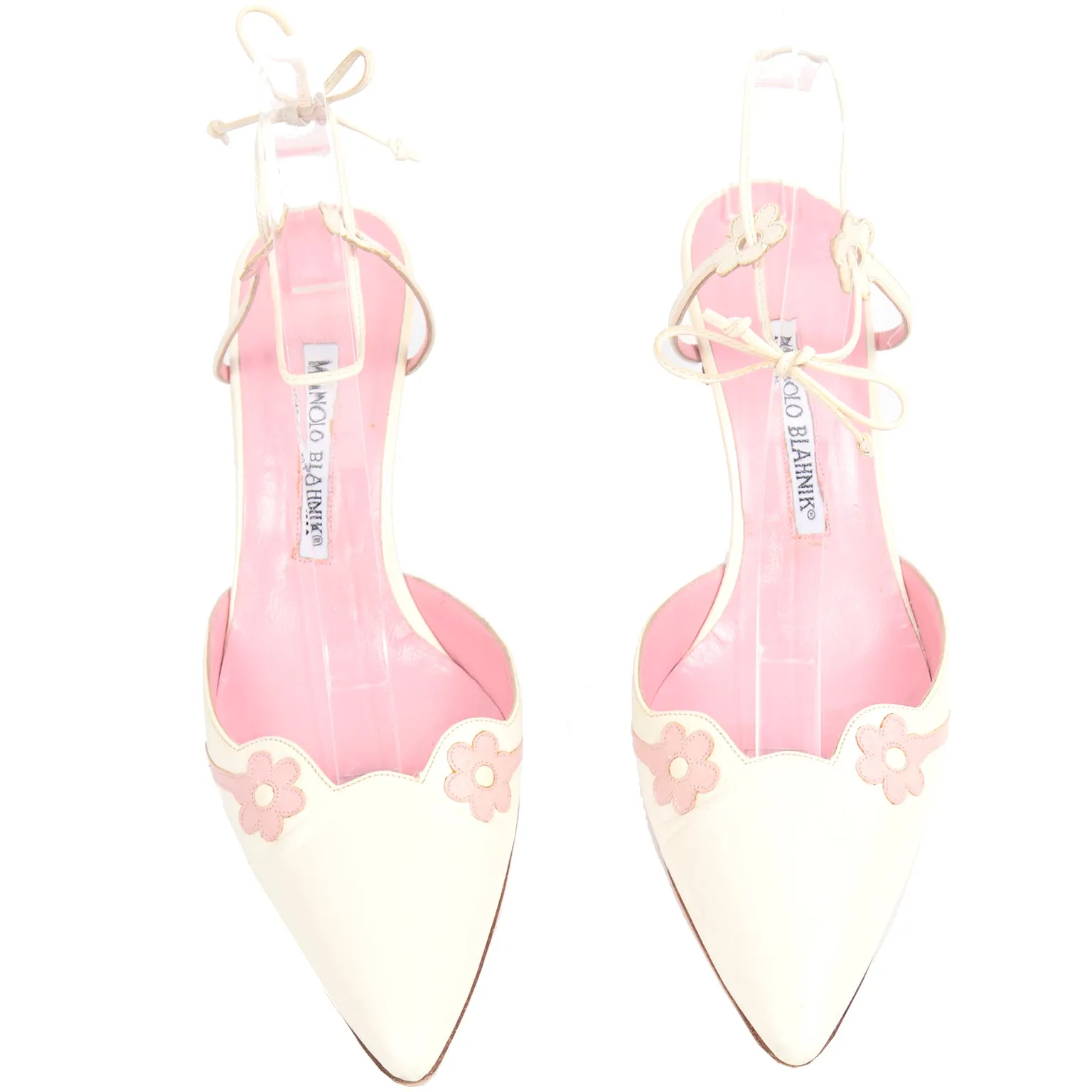 Manolo Blahnik Ivory Leather Shoes With Flower & Ankle Straps