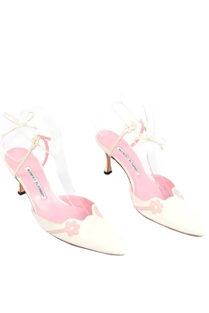 Manolo Blahnik Ivory Leather Shoes With Flower & Ankle Straps