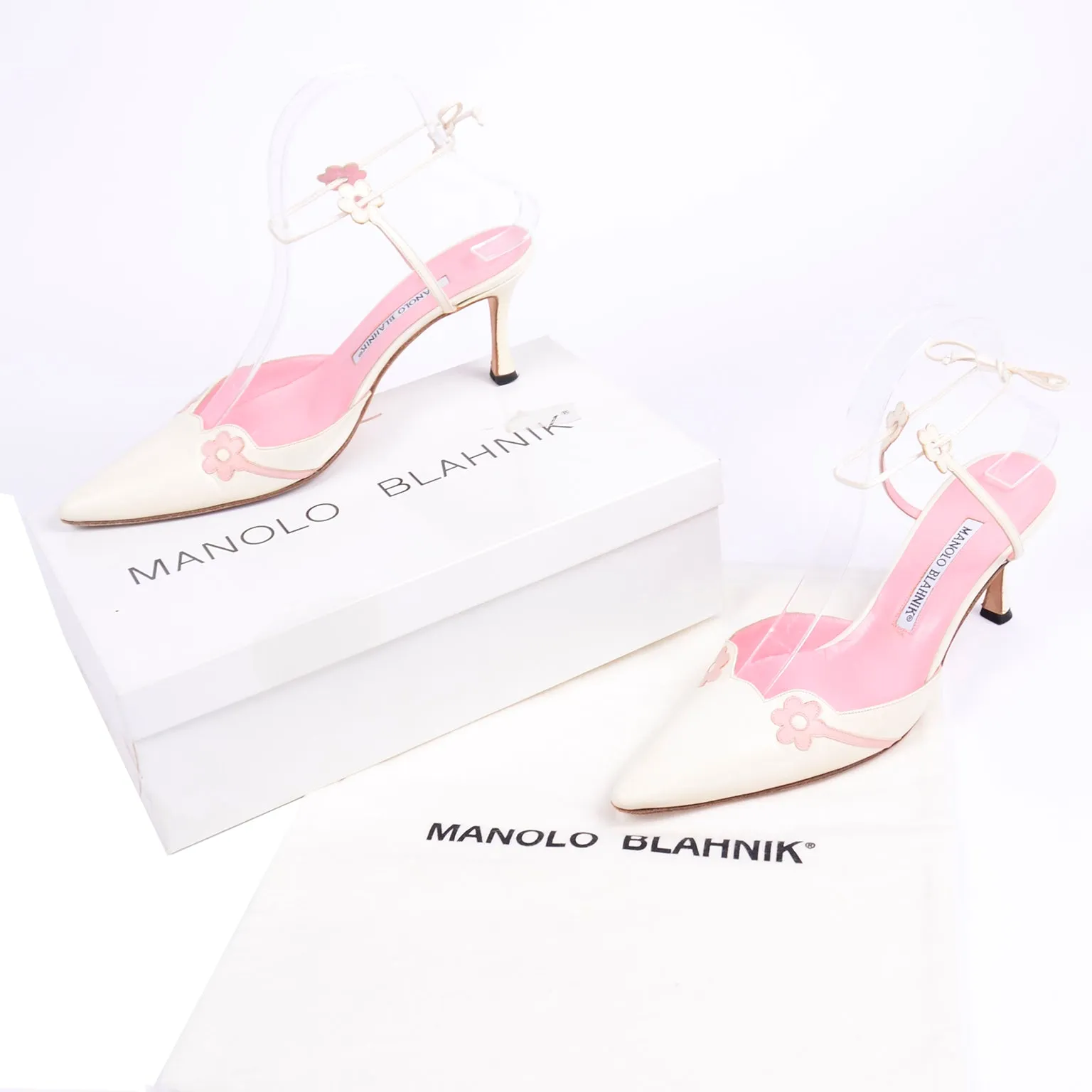 Manolo Blahnik Ivory Leather Shoes With Flower & Ankle Straps