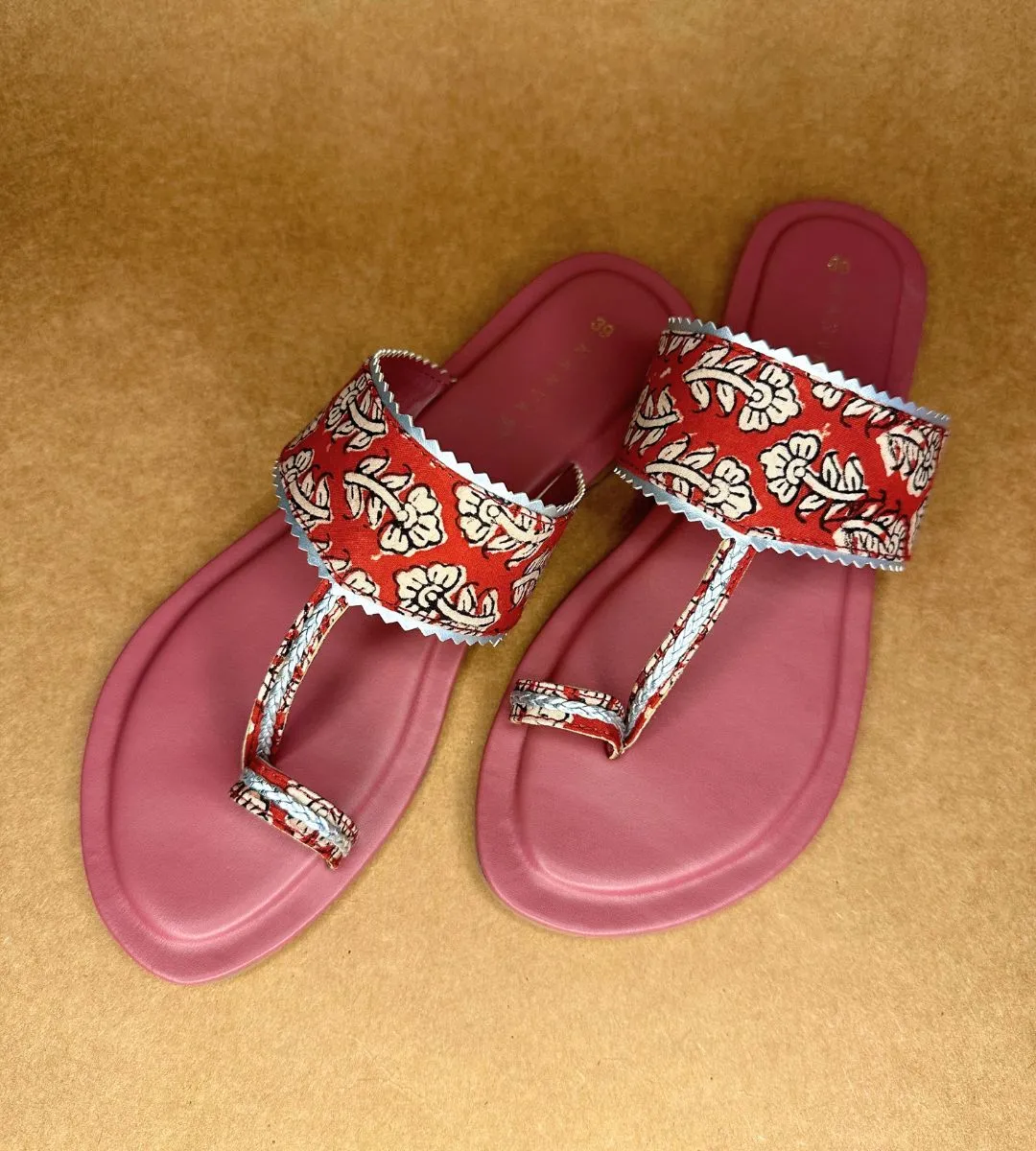 Mud Brown Block Print Kolhapuri Chappals