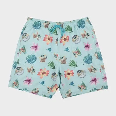 New - Star Wars: The Mandalorian Men's 7" Elastic Waist Baby Yoda Swim Shorts - Turquoise Blue L