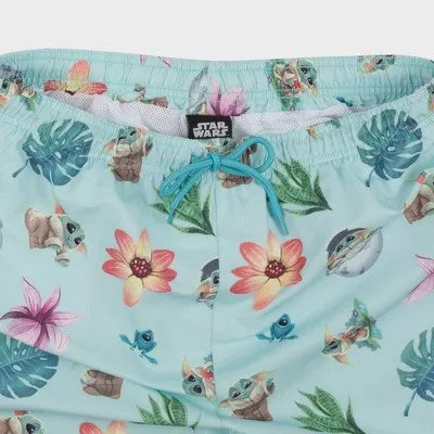 New - Star Wars: The Mandalorian Men's 7" Elastic Waist Baby Yoda Swim Shorts - Turquoise Blue L