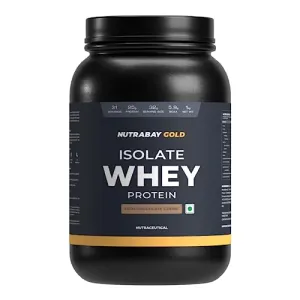 NUTRABAY Gold 100% Whey Protein Isolate with Digestive Enzymes - 25g Protein, 5.8g BCAA, 4.3g Glutamic Acid, Muscle Growth, Gym Supplement for Men & Women - 1Kg, Rich Chocolate Crème (33 Servings)