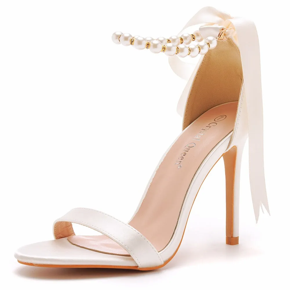 Open Toe Bow & Faux Pearl Satin Ankle Strap Stiletto