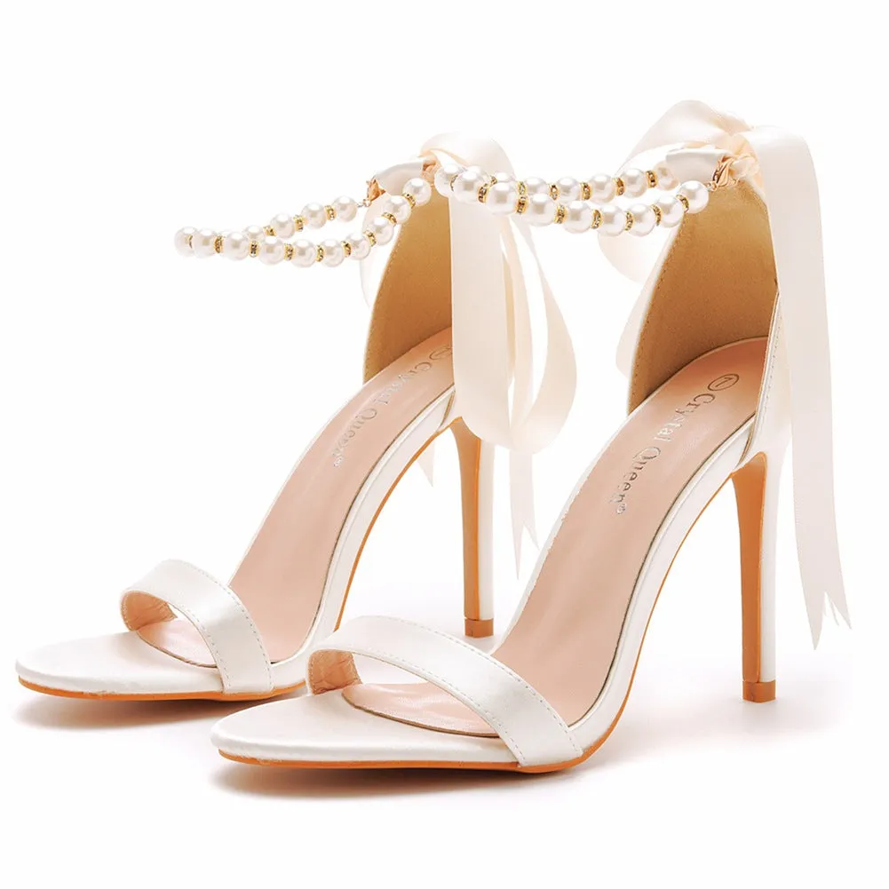 Open Toe Bow & Faux Pearl Satin Ankle Strap Stiletto