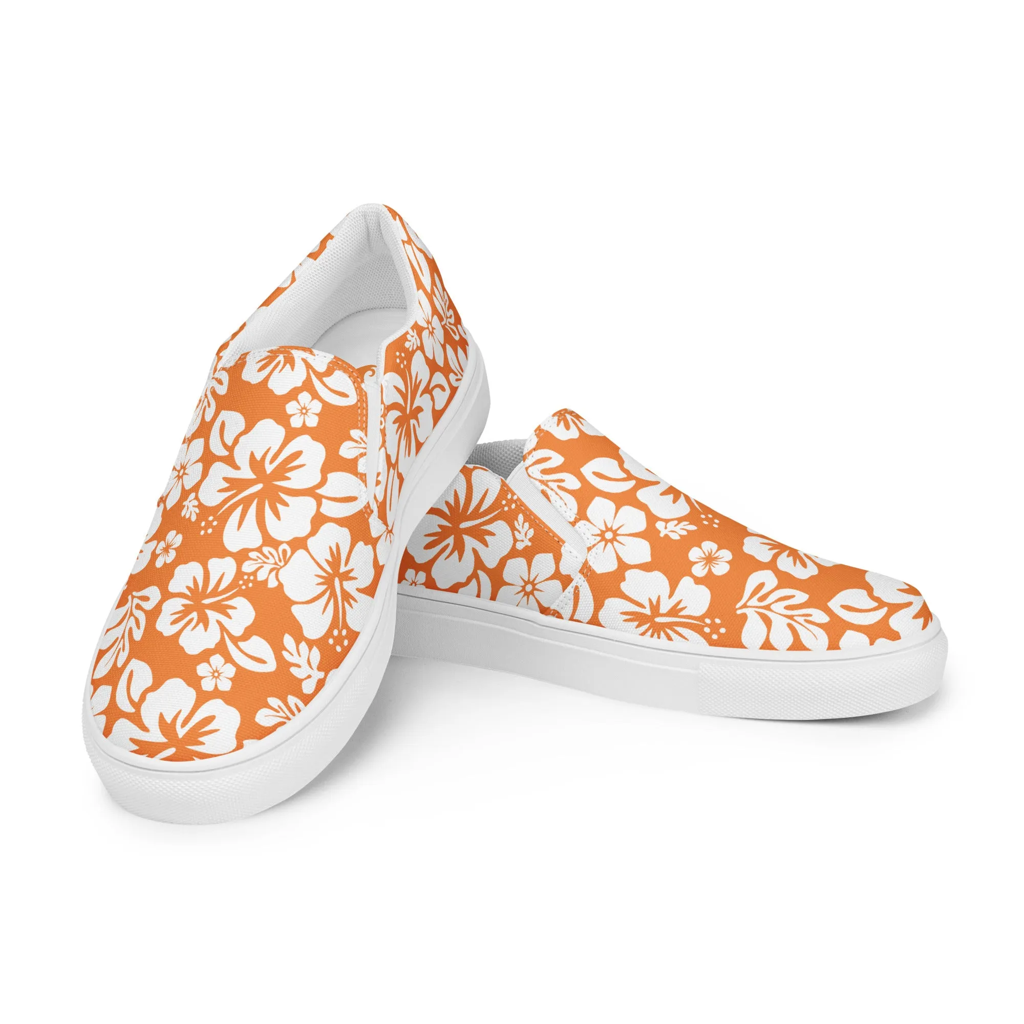 Orange and White Hawaiian Flowers Women's Slip On Canvas Shoes