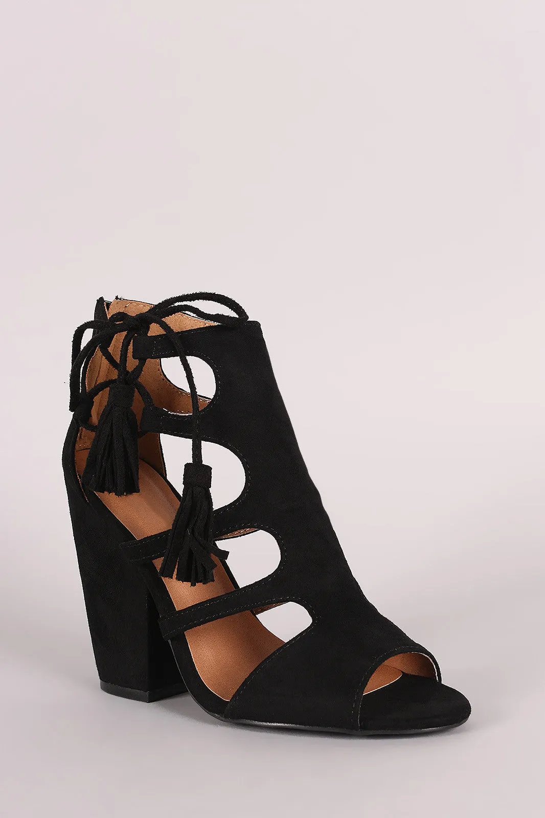 Qupid Cage Side Lace Up Chunky Heel