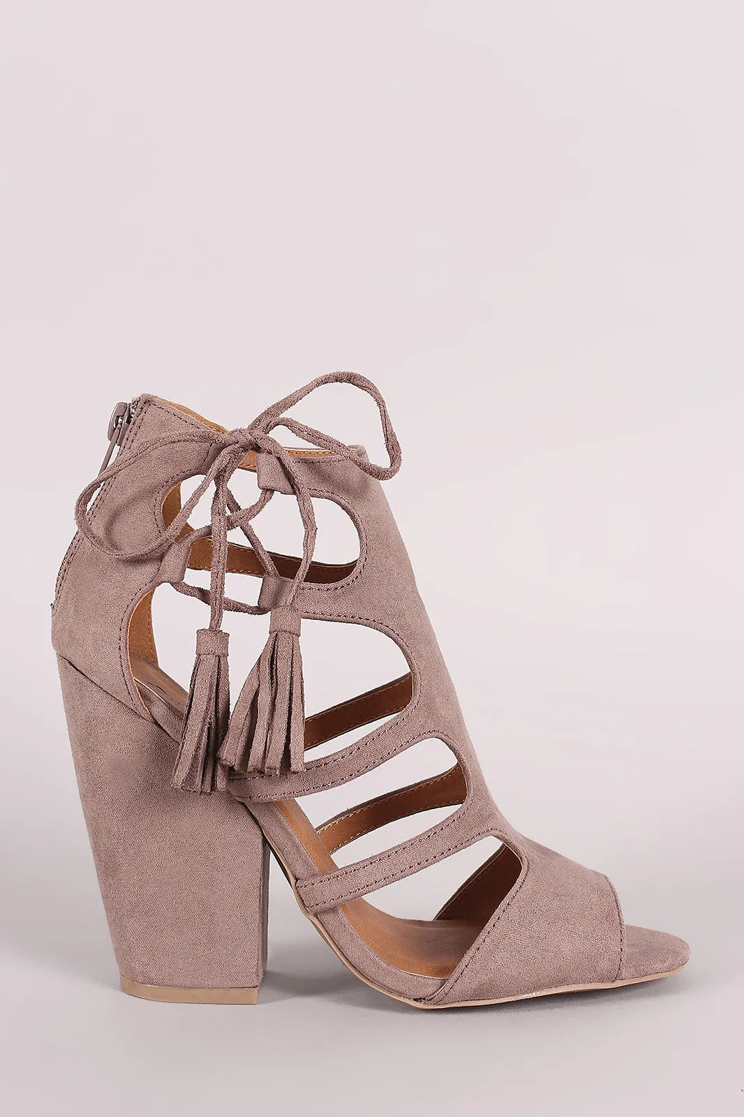 Qupid Cage Side Lace Up Chunky Heel