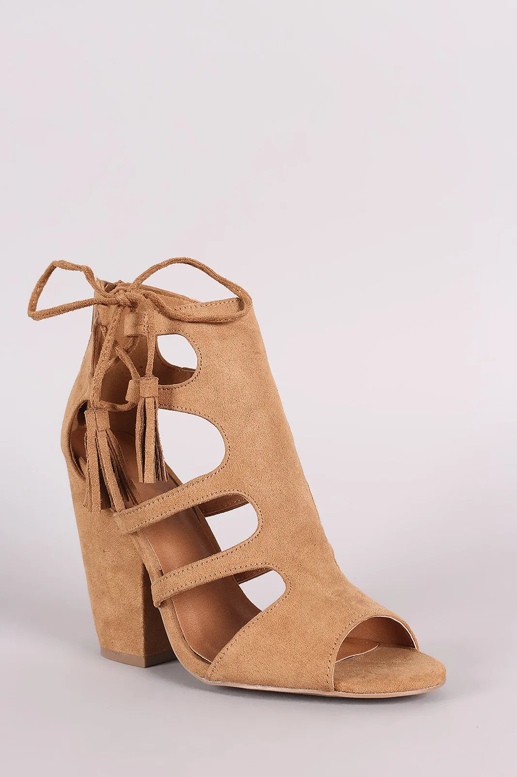 Qupid Cage Side Lace Up Chunky Heel