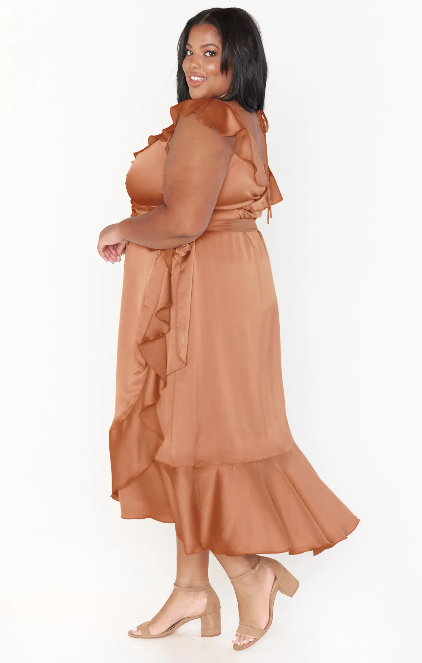 Samantha Ruffle Wrap Dress ~ Copper Luxe Satin