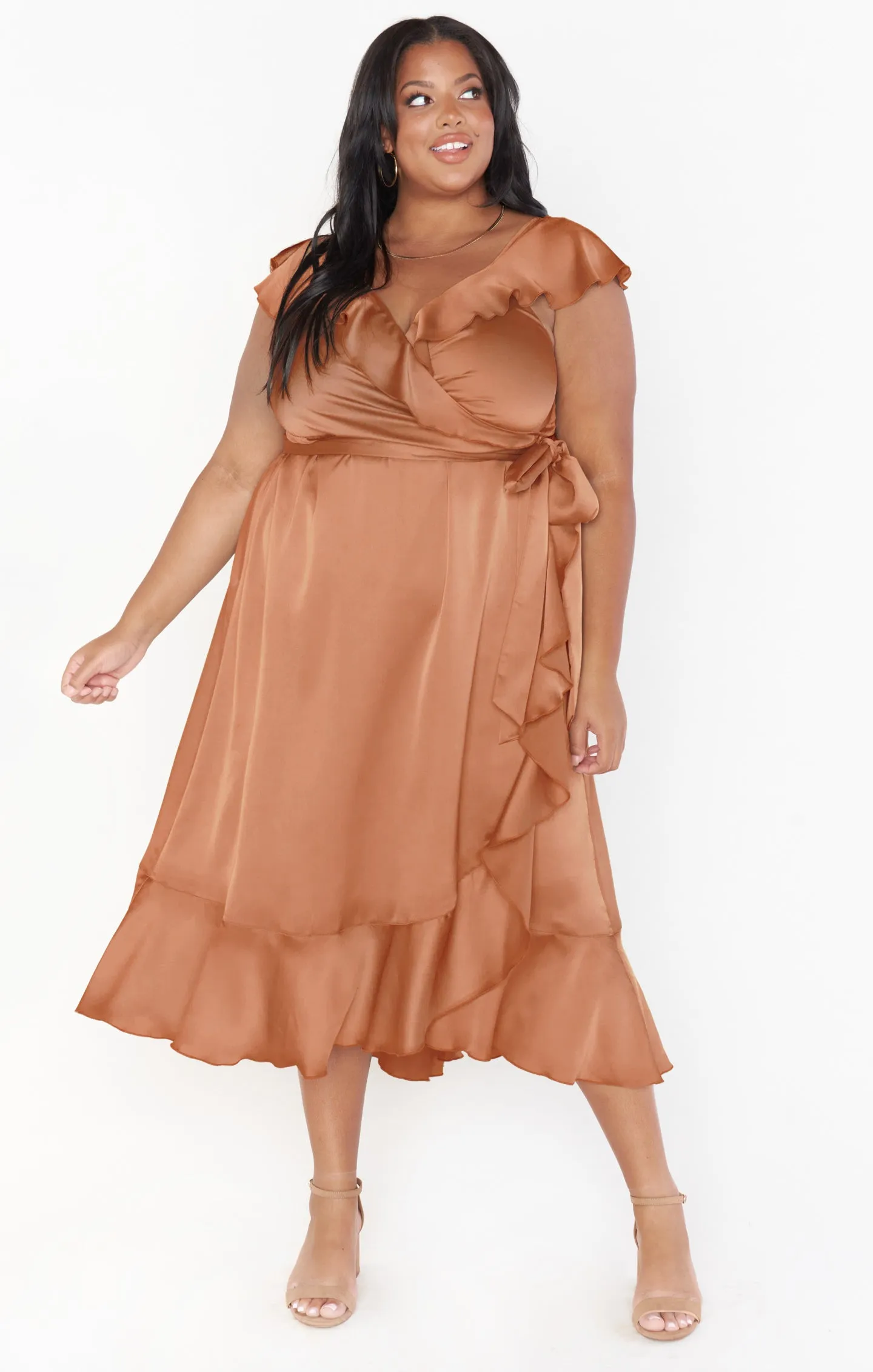 Samantha Ruffle Wrap Dress ~ Copper Luxe Satin