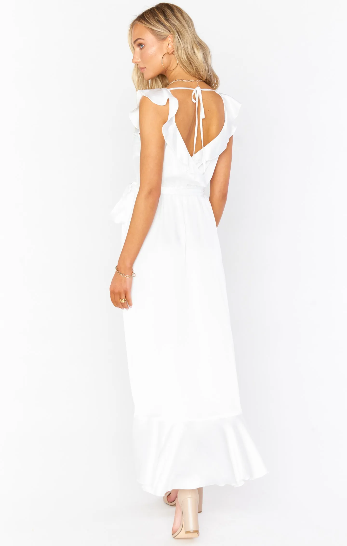 Samantha Ruffle Wrap Dress ~ Ivory Luxe Satin