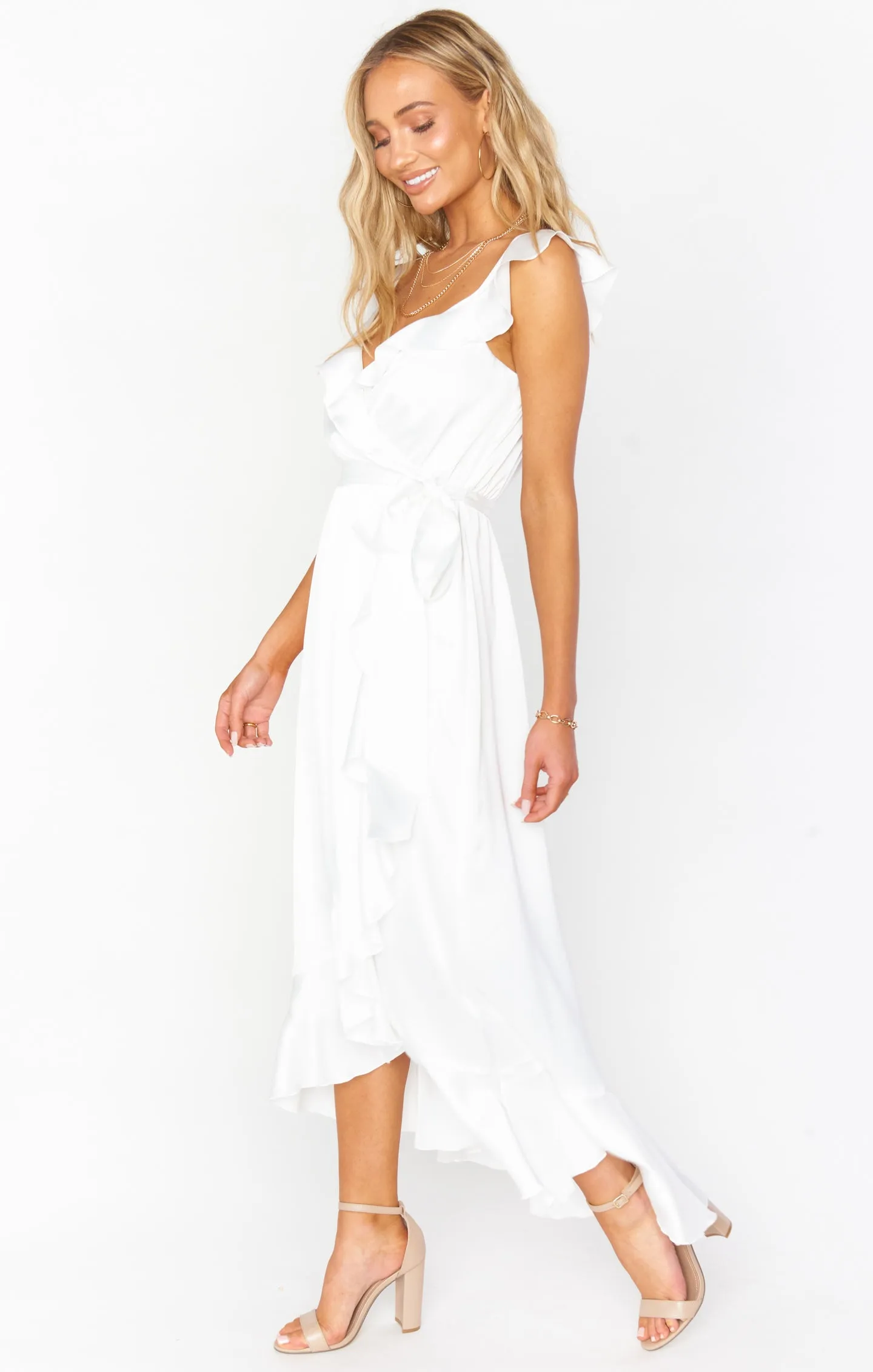 Samantha Ruffle Wrap Dress ~ Ivory Luxe Satin