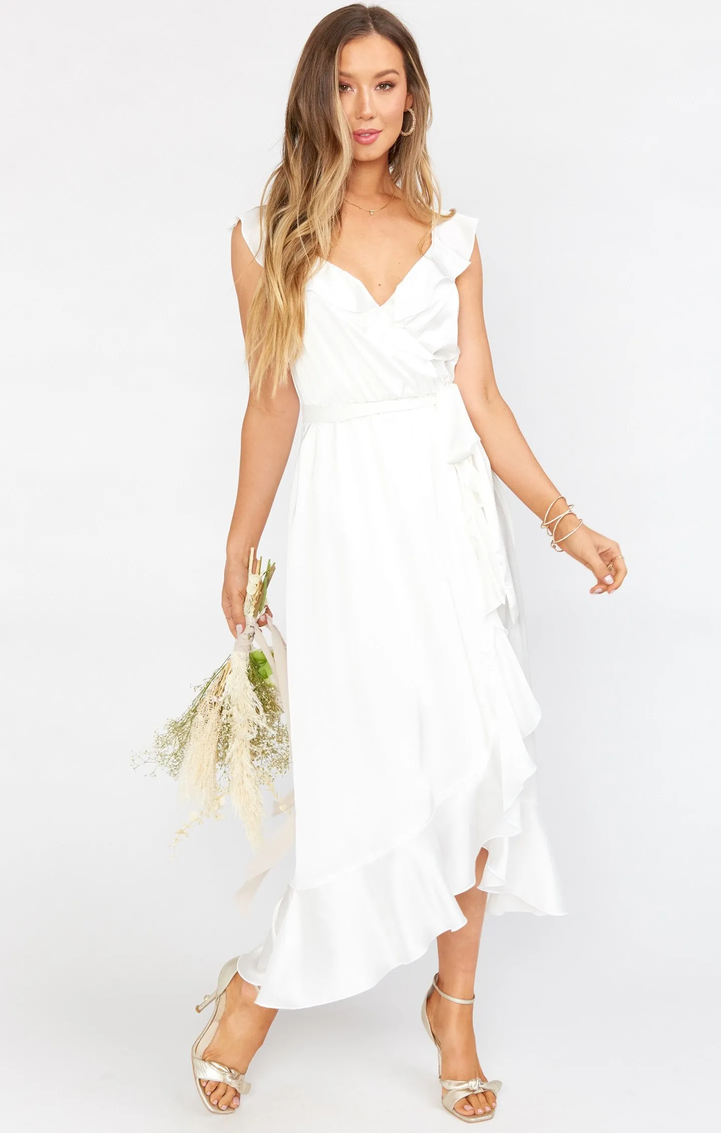 Samantha Ruffle Wrap Dress ~ Ivory Luxe Satin