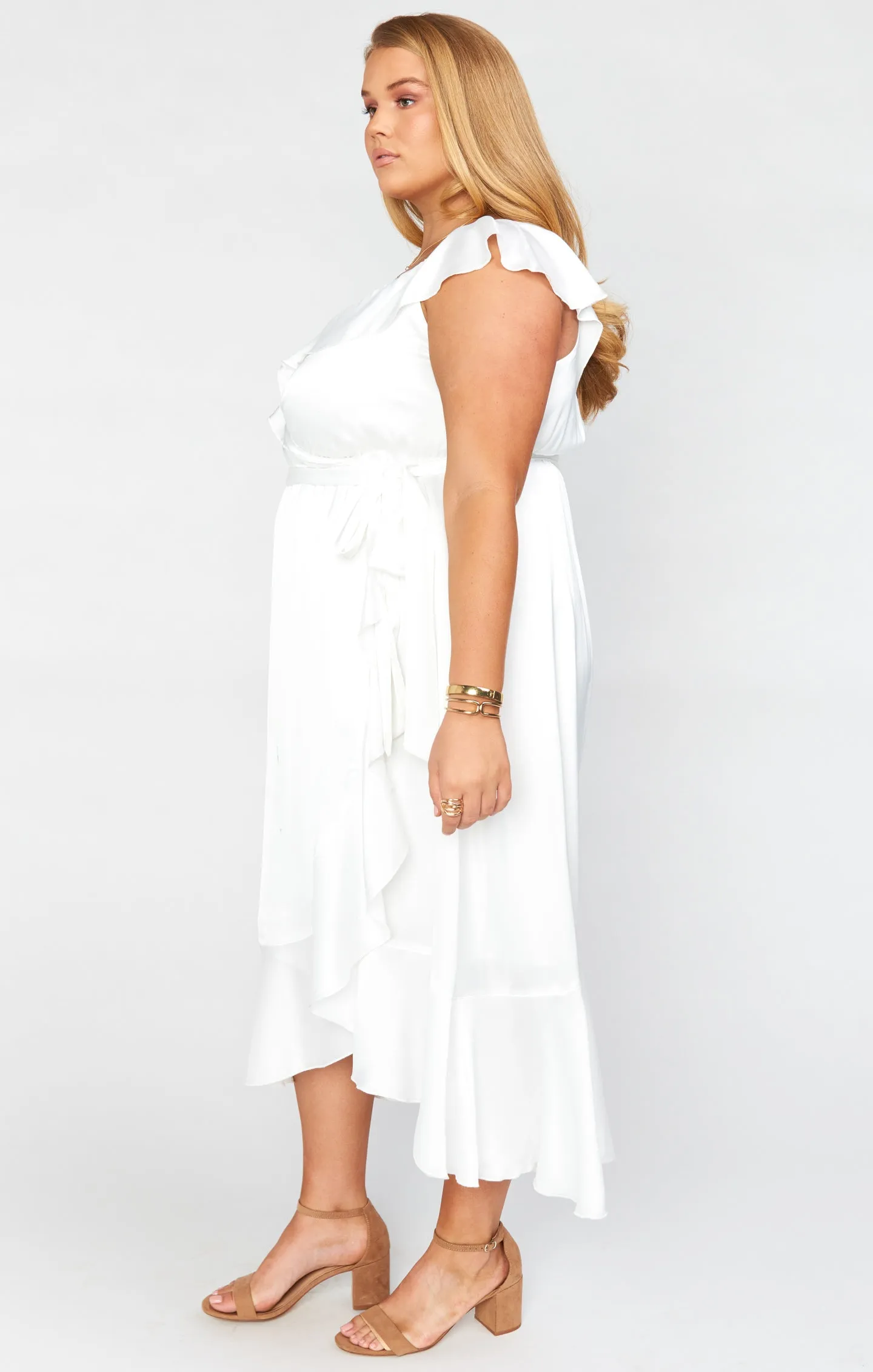 Samantha Ruffle Wrap Dress ~ Ivory Luxe Satin