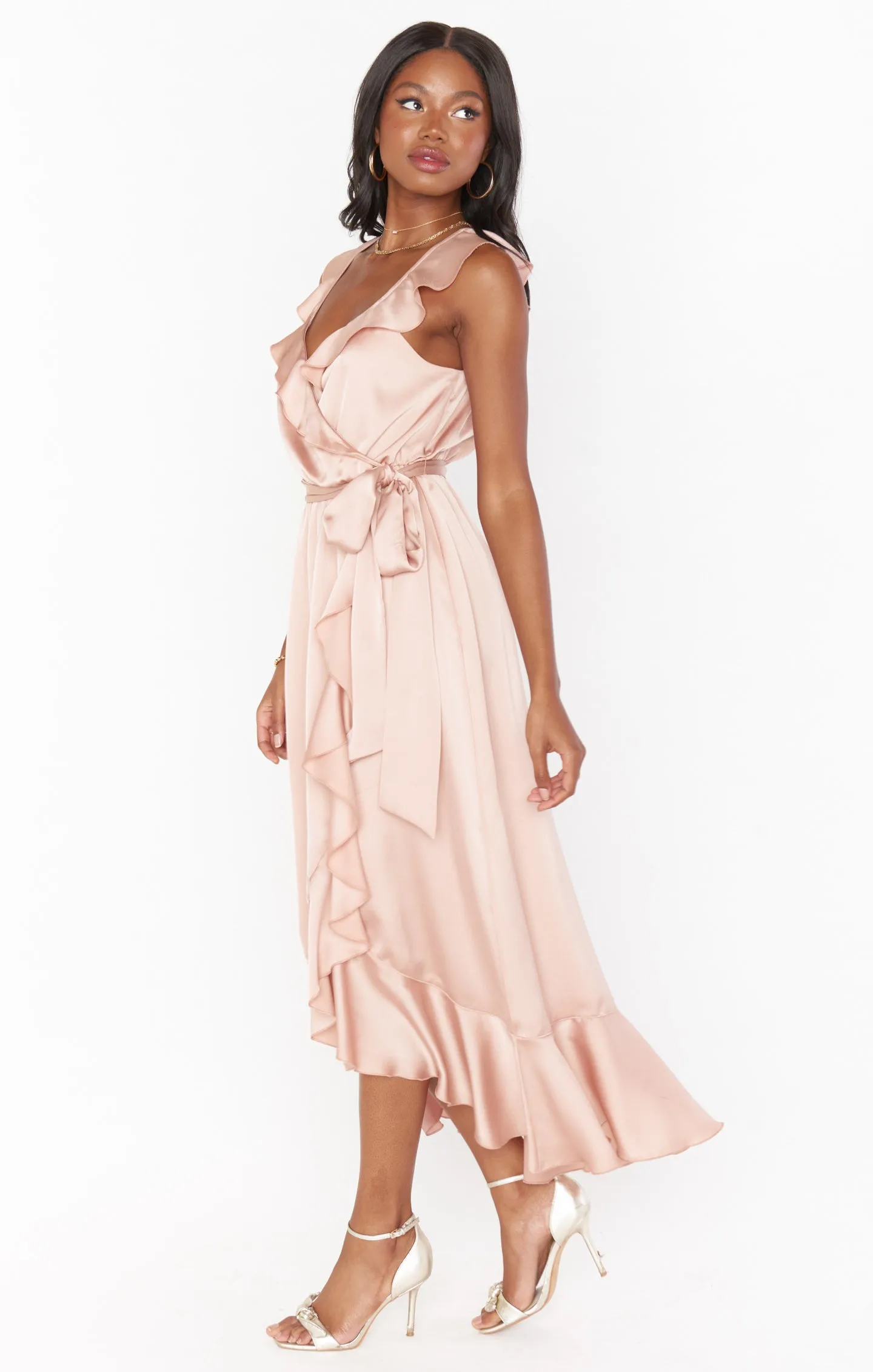 Samantha Ruffle Wrap Dress ~ Rose Gold Luxe Satin