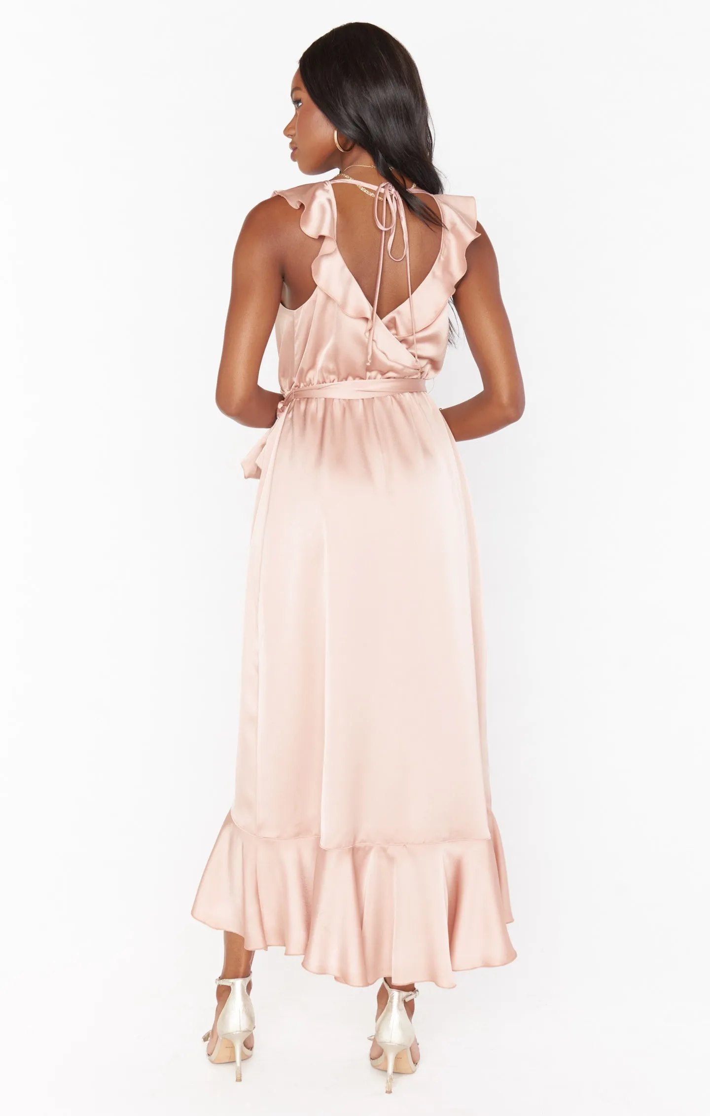 Samantha Ruffle Wrap Dress ~ Rose Gold Luxe Satin