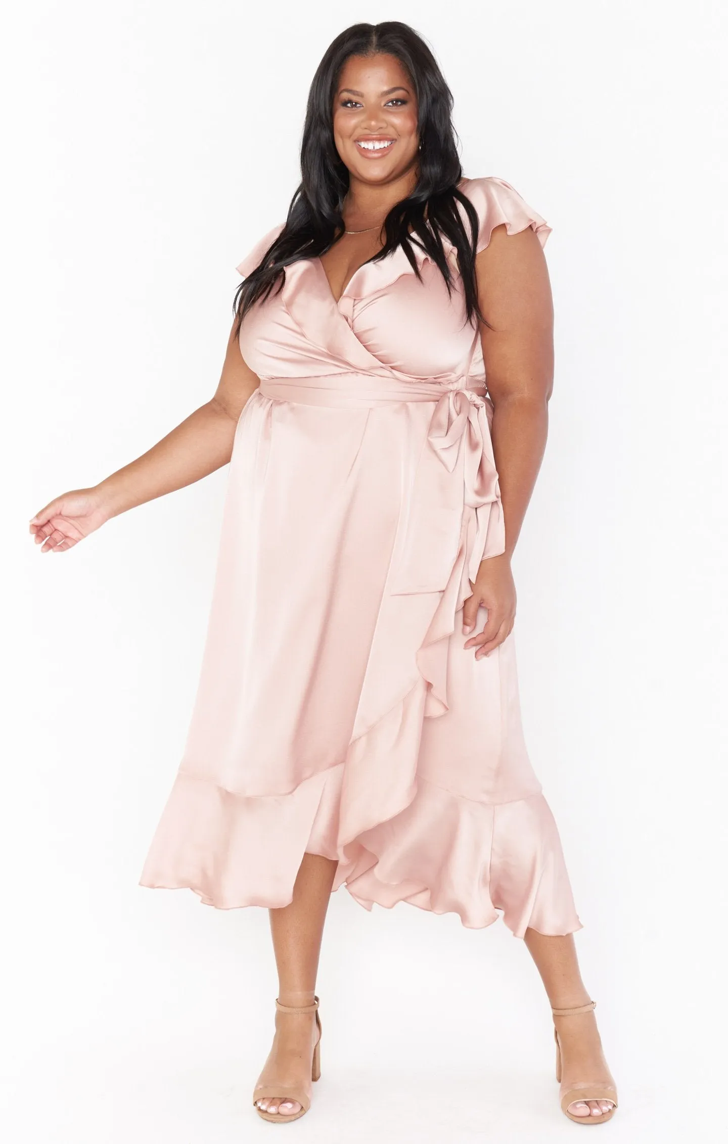 Samantha Ruffle Wrap Dress ~ Rose Gold Luxe Satin