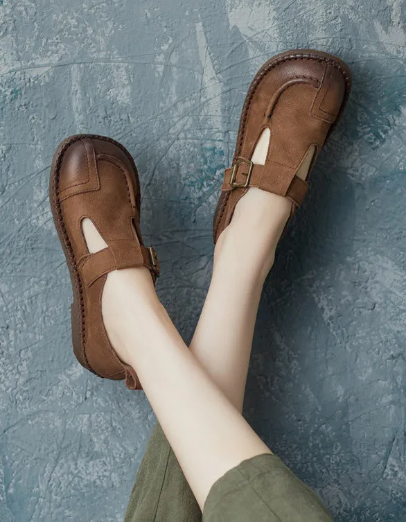 Soft Leather T-strap Handmade Retro Flat Shoes