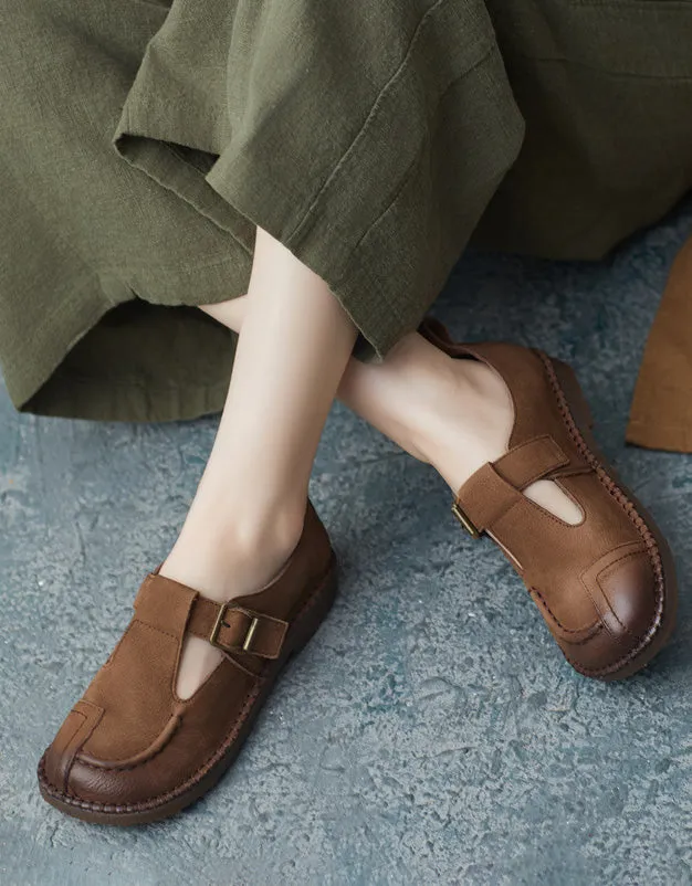 Soft Leather T-strap Handmade Retro Flat Shoes