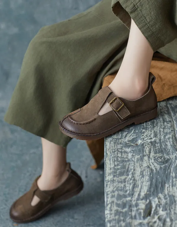 Soft Leather T-strap Handmade Retro Flat Shoes